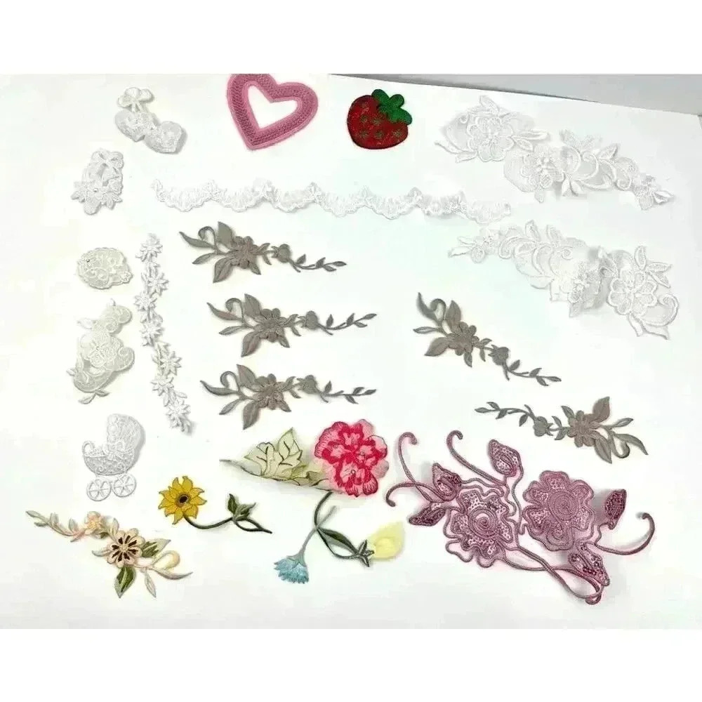 21 PC FLoral Heart Sewon Iron On‎ Patches Applique Mixed Variety Assorted NEW
